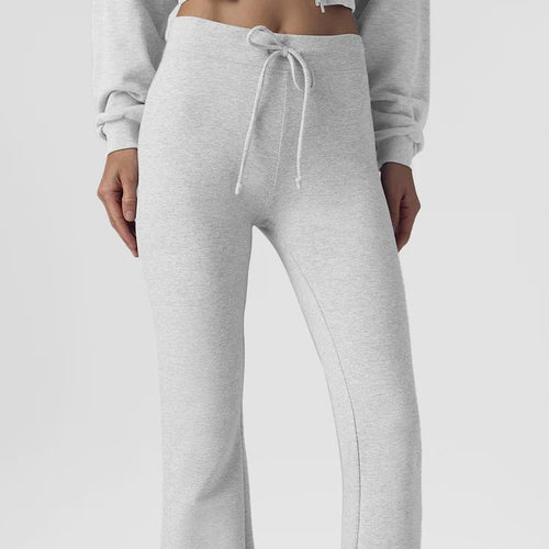 High-waist drawstring wide-leg yoga pants, light gray melange with soft fabric.