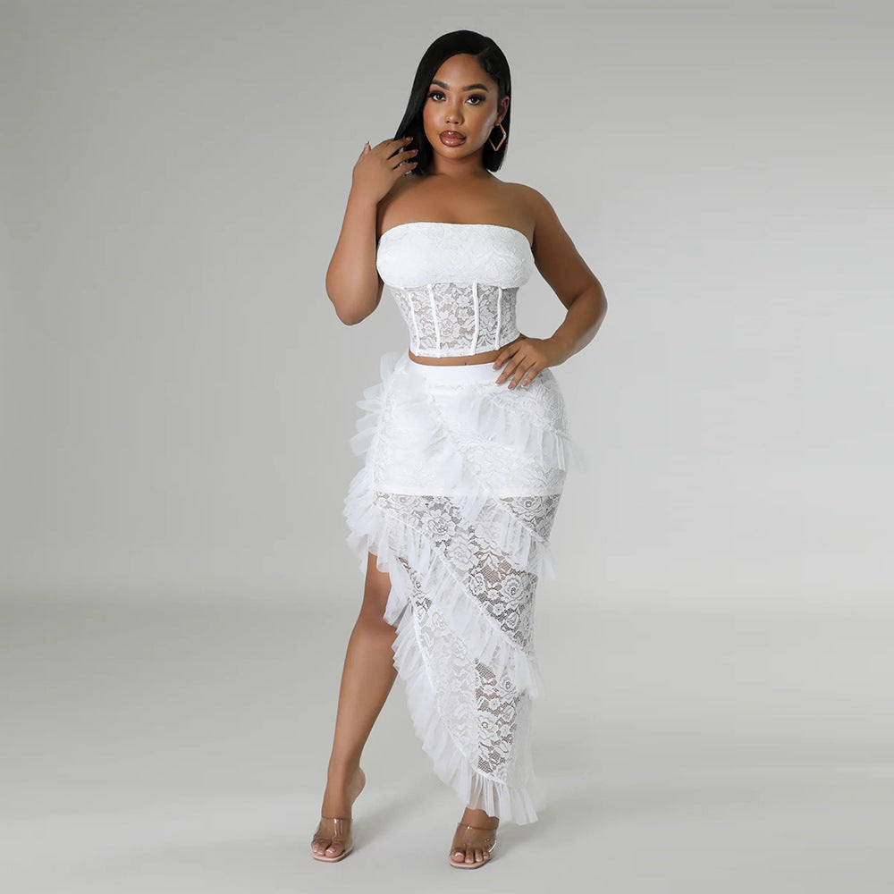 Women's Lace Asymmetric Sleeveless Top and Skirt Two-Piece Set