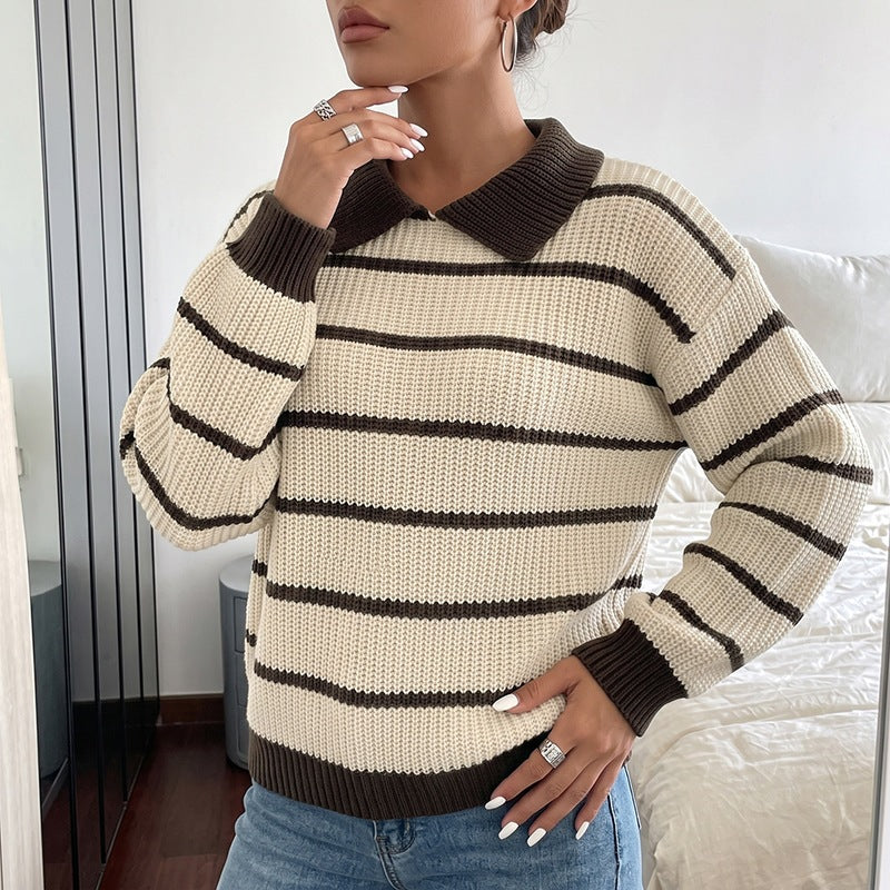 Striped Polo-Collar Knit Sweater