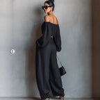Women Spring Clothing off Shoulder Short Top Wide Leg Pants Set