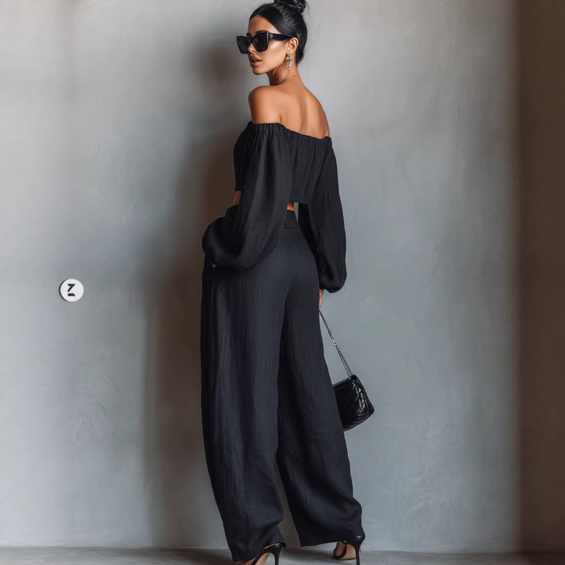 Women Spring Clothing off Shoulder Short Top Wide Leg Pants Set