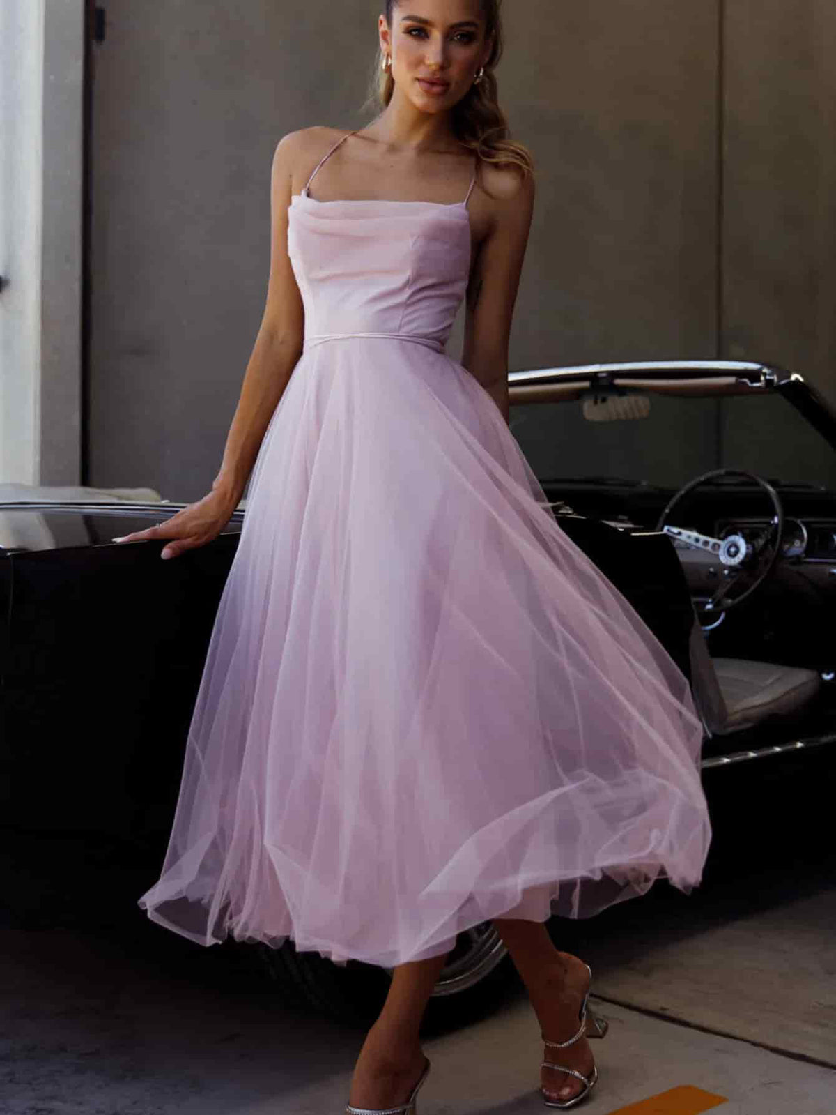 Lace-Up Backless Cami A-Line Midi Dress