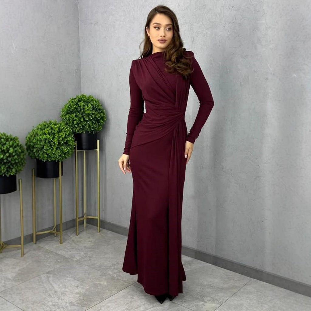 Autumn Long Sleeve Fitted Waist Pleated Slim Maxi Dress