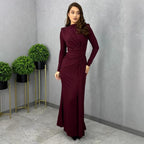 Autumn Long Sleeve Fitted Waist Pleated Slim Maxi Dress