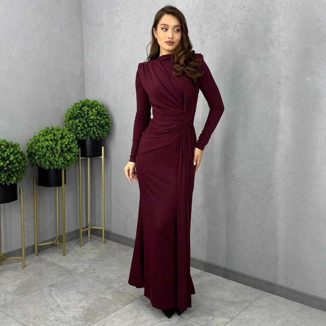 Autumn Long Sleeve Fitted Waist Pleated Slim Maxi Dress