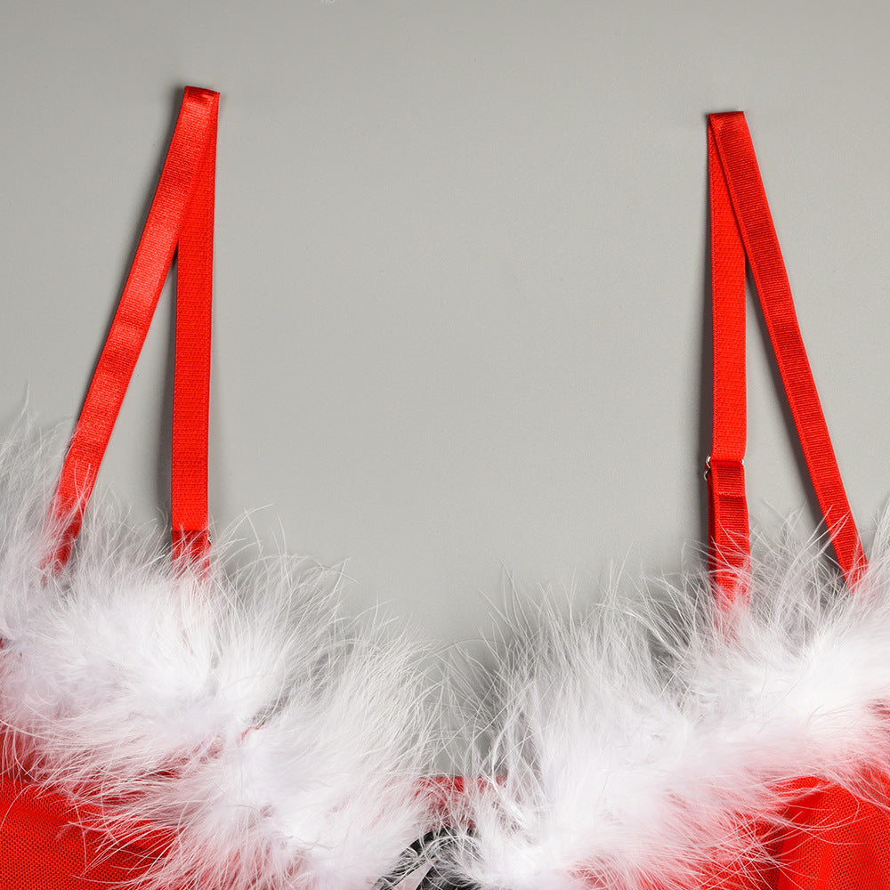 Christmas Outfit Cute Fur Ball Christmas Carnival Year Skirt Set with T-Back