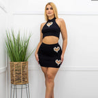 Women's Heart Shape Rhinestone Hollow Vest and Skirt Two-Piece Set