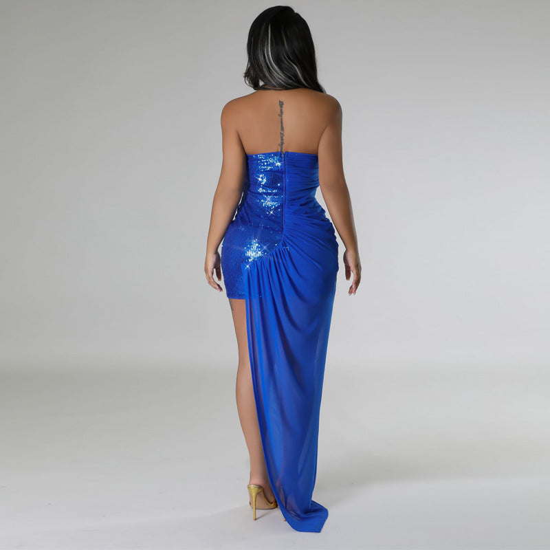 Women's Strapless Sequin Ruched High-Low Dress