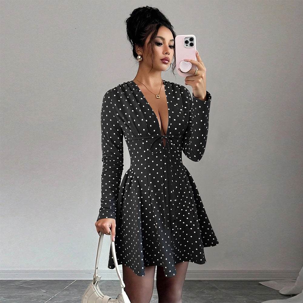 Women's Fall Winter Sweet Polka Dot V neck Long Sleeve Elastic Waist Dress