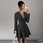 Women's Fall Winter Sweet Polka Dot V neck Long Sleeve Elastic Waist Dress