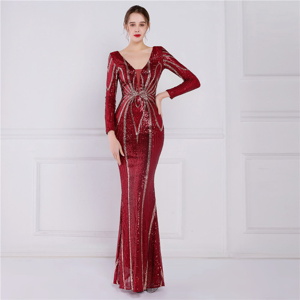 Women's Floral Sequin Evening Dress Banquet Elegant Long Sleeve Sequin Queen
