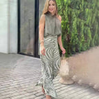 Summer Sleeveless Halter Top Zebra Print Wide Leg Pants Two Piece Set