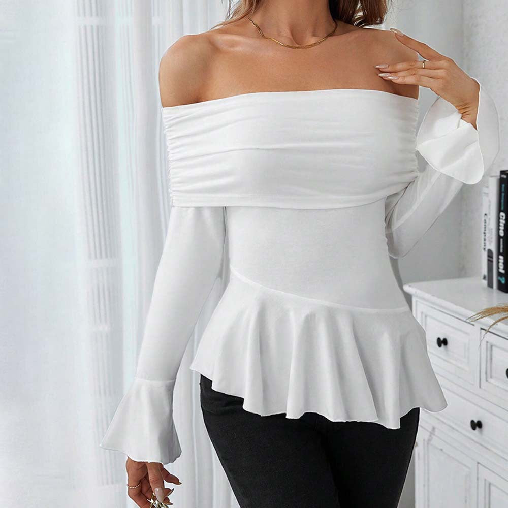 Women’s White Ruffle Off Shoulder Boat Neck Top