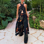 Summer Vintage Print Straight Wide Leg Pants Cross Halterneck Top Two Piece Sets
