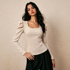Women Clothing Square Collar Long Sleeved T shirt Women