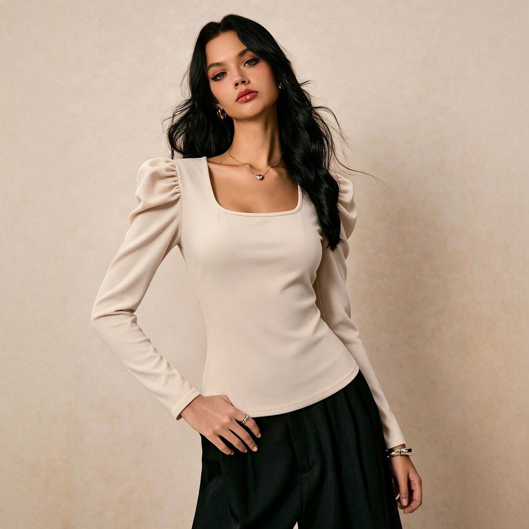 Women Clothing Square Collar Long Sleeved T shirt Women