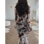 Women's Cowl-Neck Floral Ruffle Long-Sleeve Maxi Dress