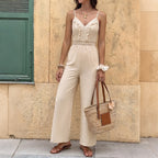 French Vacation Lace Splicing Sling Wide Leg Jumpsuit