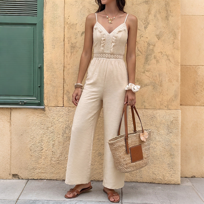 French Vacation Lace Splicing Sling Wide Leg Jumpsuit