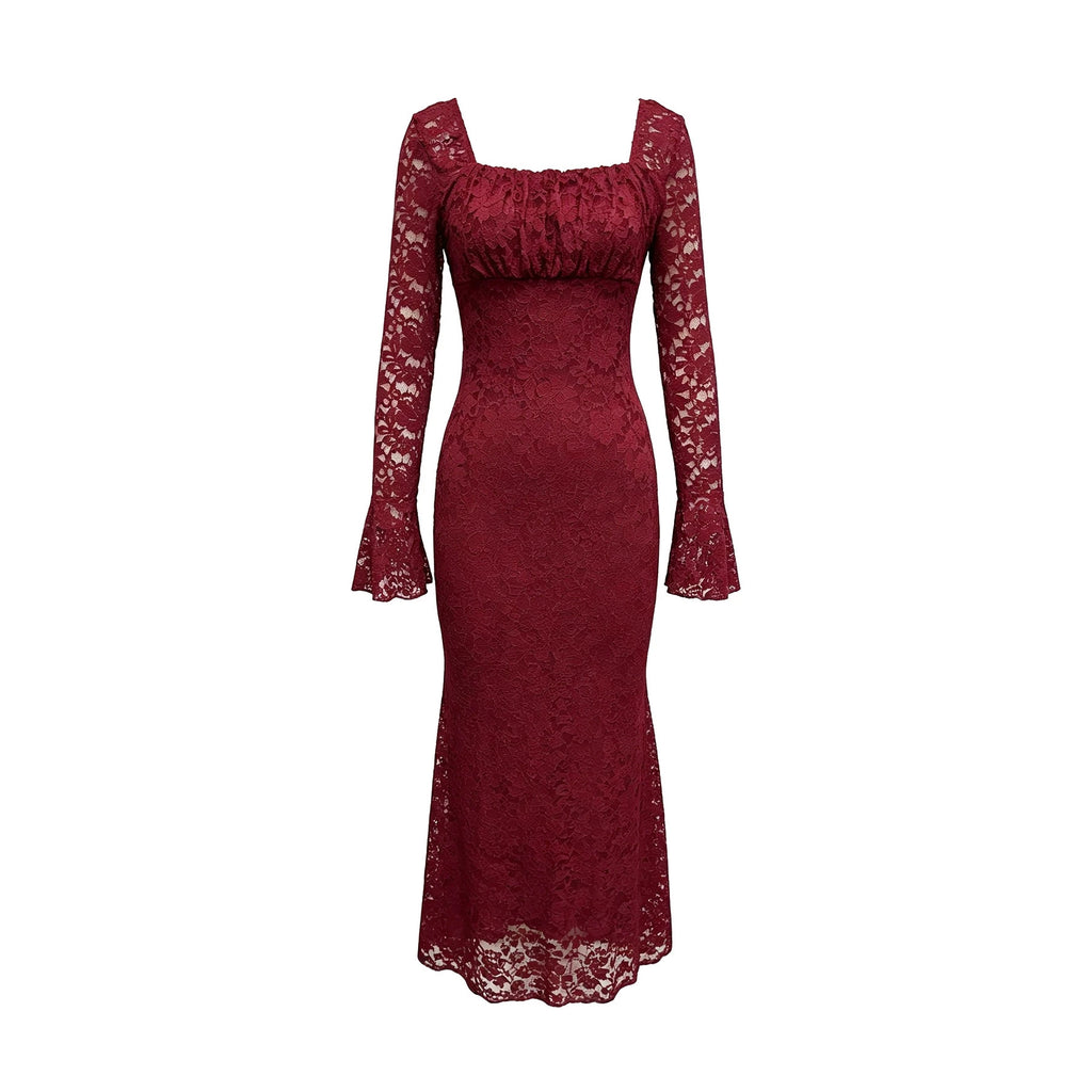 Women's Autumn Elegant Mesh Square Collar Lace Dress