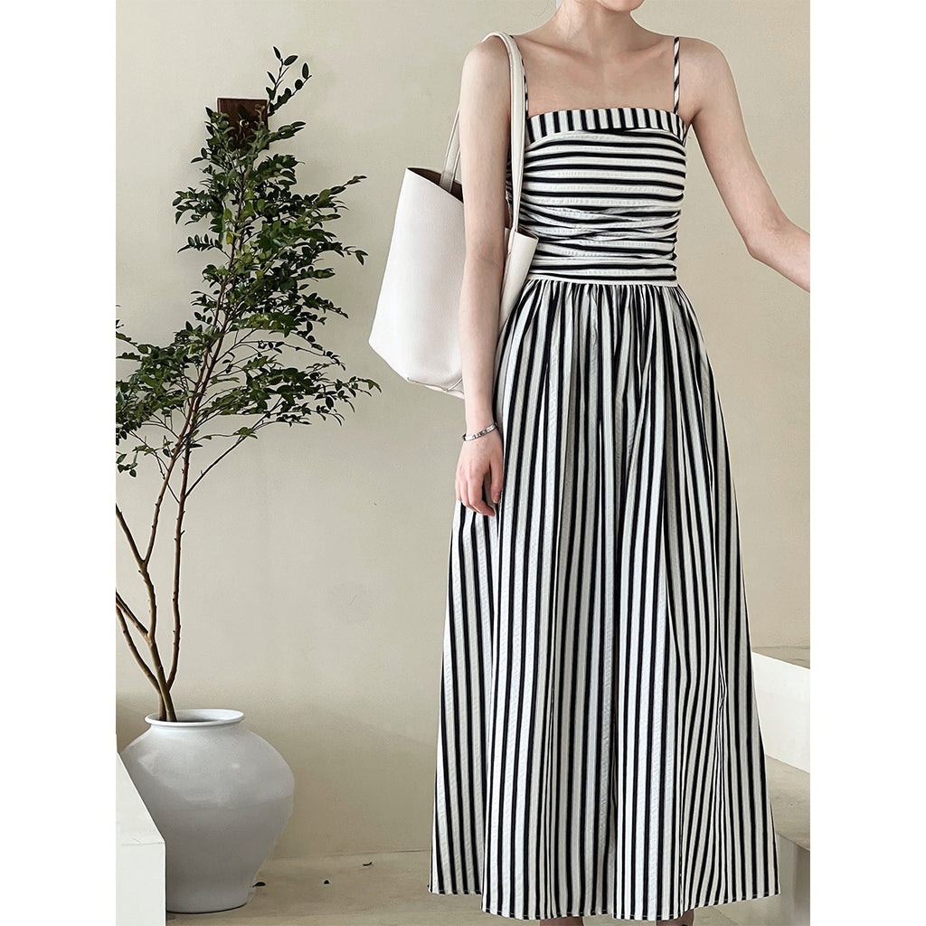 French Striped Bandeau A-Line Dress