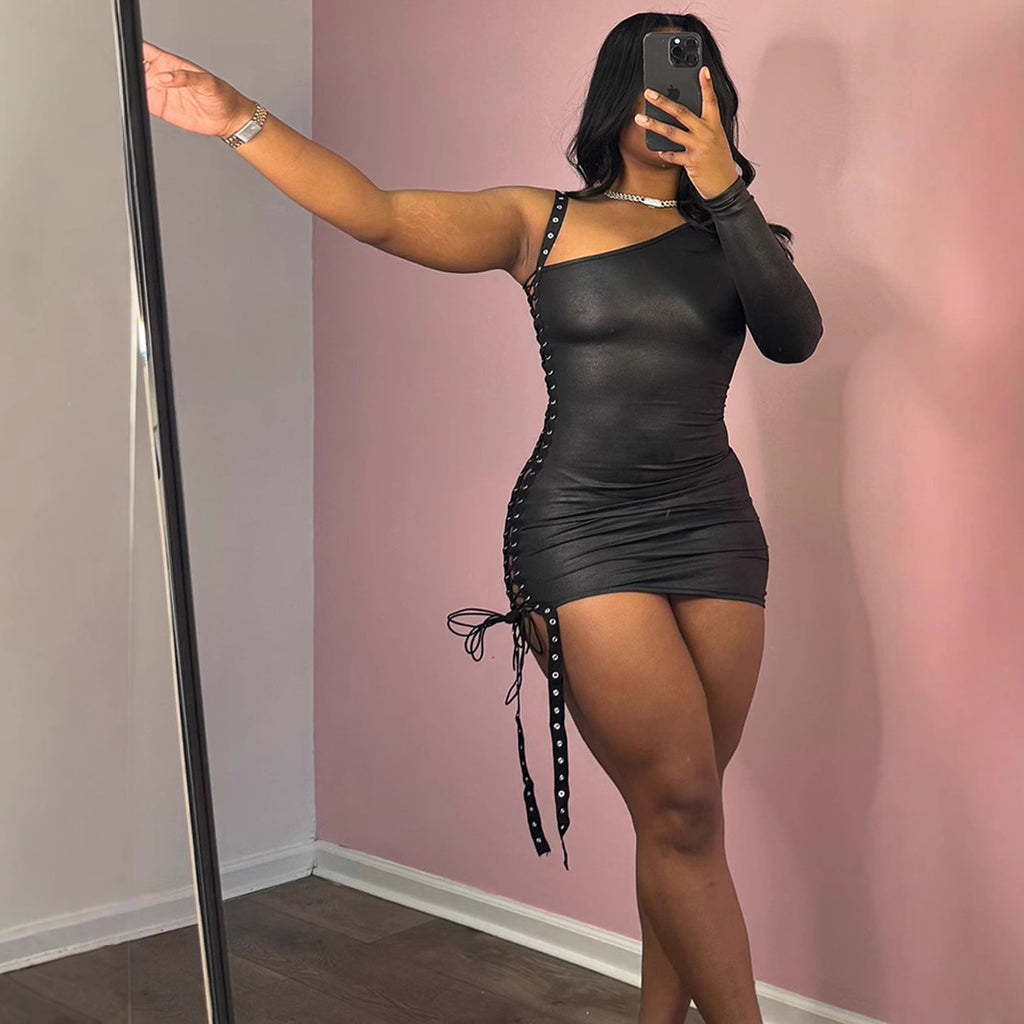 Women's Faux-Leather Asymmetric Lace-Up Long-Sleeve Bodycon Mini Dress