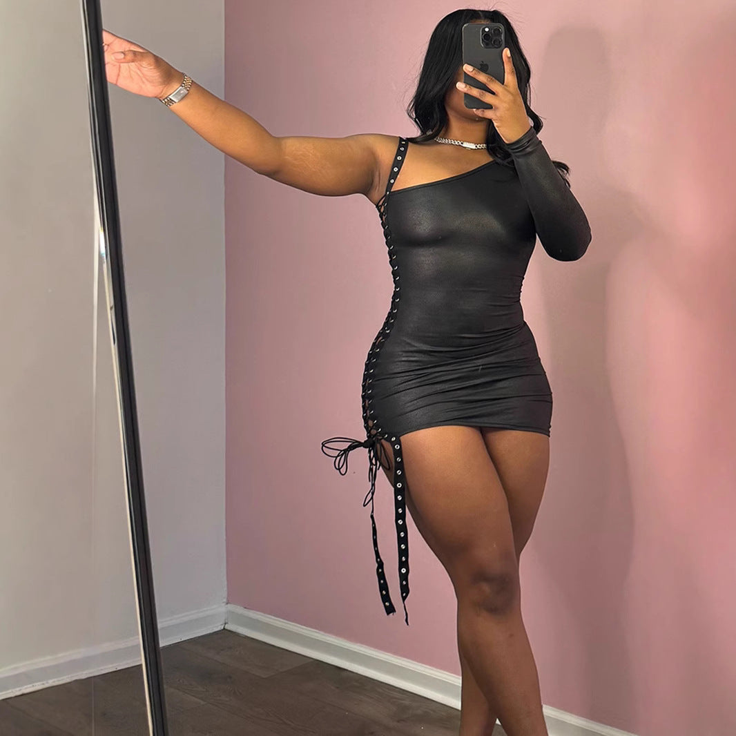 Women's Faux-Leather Asymmetric Lace-Up Long-Sleeve Bodycon Mini Dress