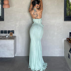 Women's Halter Backless 3D Floral Fishtail Maxi Dress