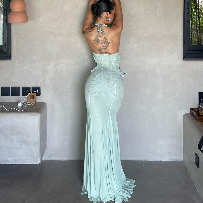 Women's Halter Backless 3D Floral Fishtail Maxi Dress