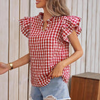 Women's Summer Top Double Layer Ruffled Sweet Cute Women Clothing Plaid Short Sleeve