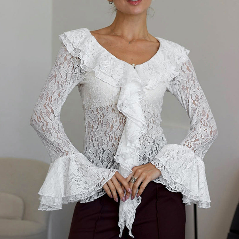 Women's French Lace Sheer Cutout Long Sleeve Top