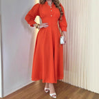 Orange V-Neck Button A-Line Dress