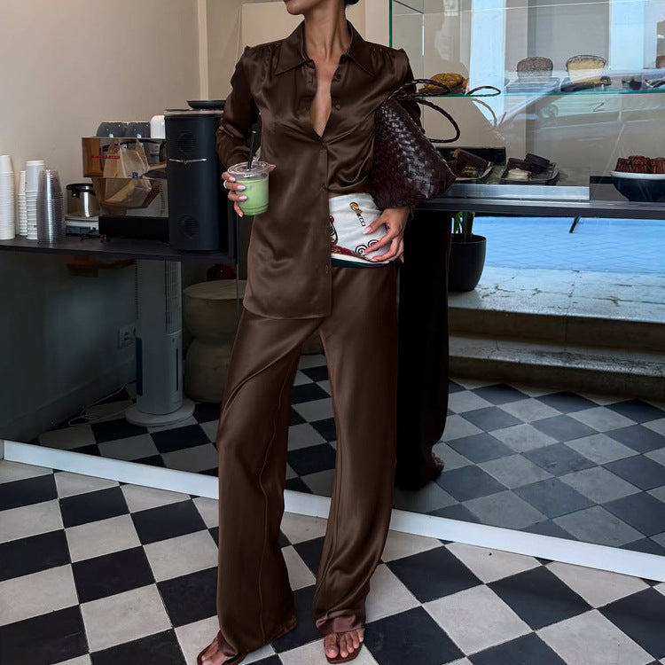 Women Clothing Shirt Outfit Polo Collar Long Sleeve Cardigan Top Wide Leg Pants Casual Two Piece Set