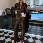 Women Clothing Shirt Outfit Polo Collar Long Sleeve Cardigan Top Wide Leg Pants Casual Two Piece Set