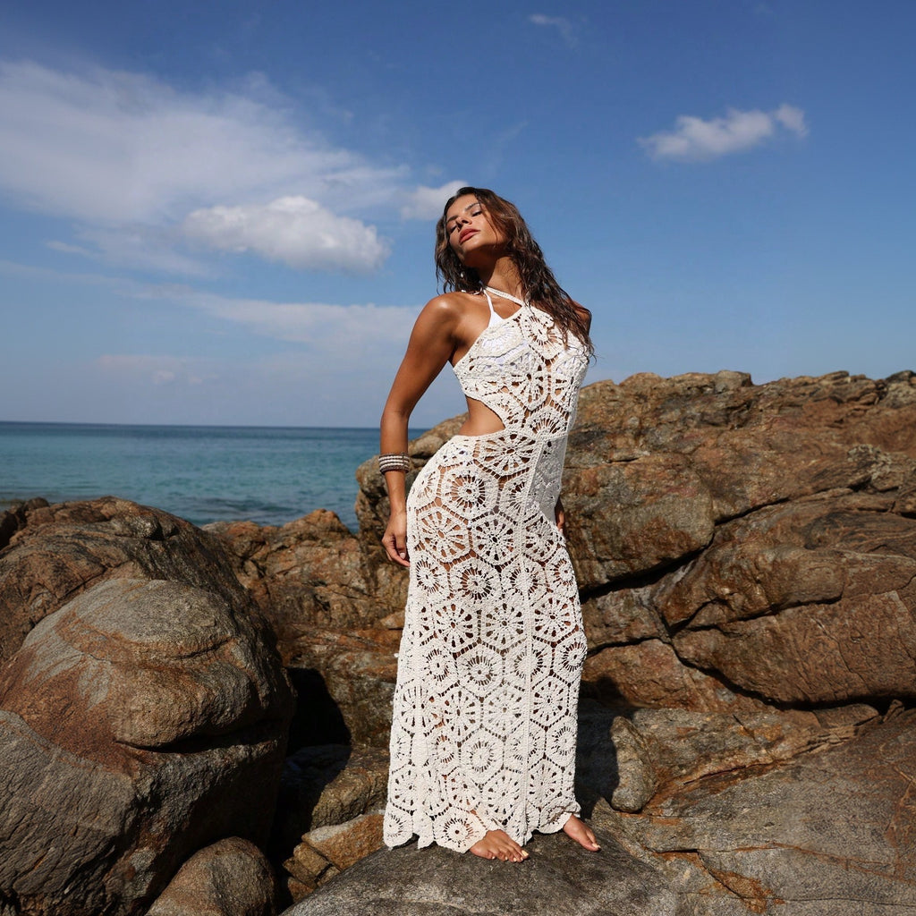 Solid Color Slim Hollow Out Cutout Beach Cover Up Bikini Swimsuit Beach Dress Women