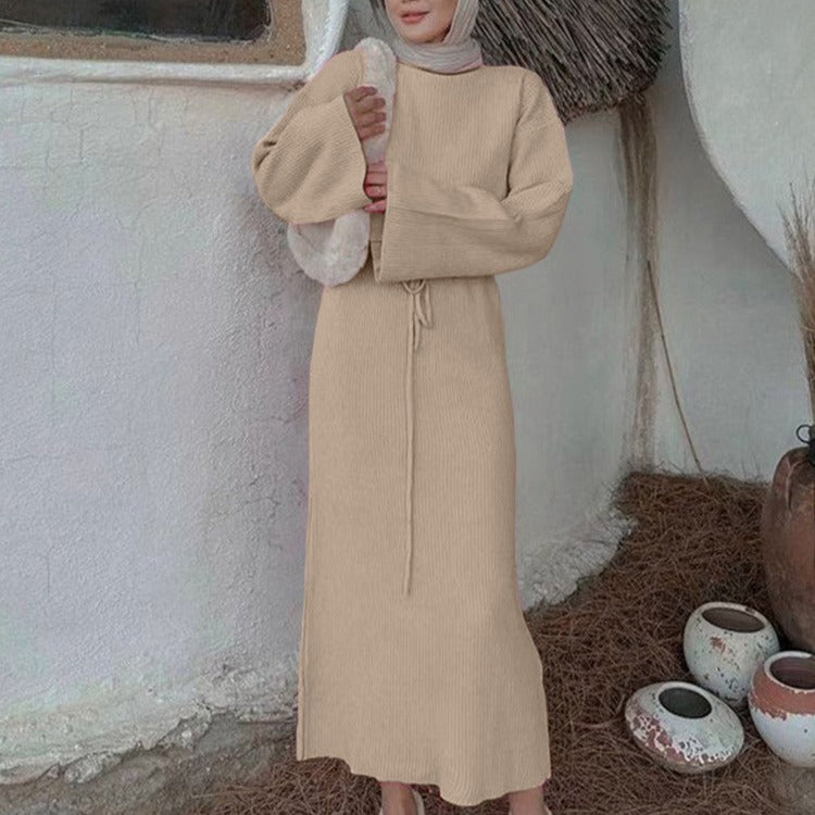 Belted Ribbed Long-Sleeve Knit Maxi Dress
