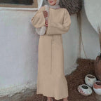 Belted Ribbed Long-Sleeve Knit Maxi Dress