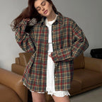 Retro Plaid Shirt Polo Collar Long Sleeve
