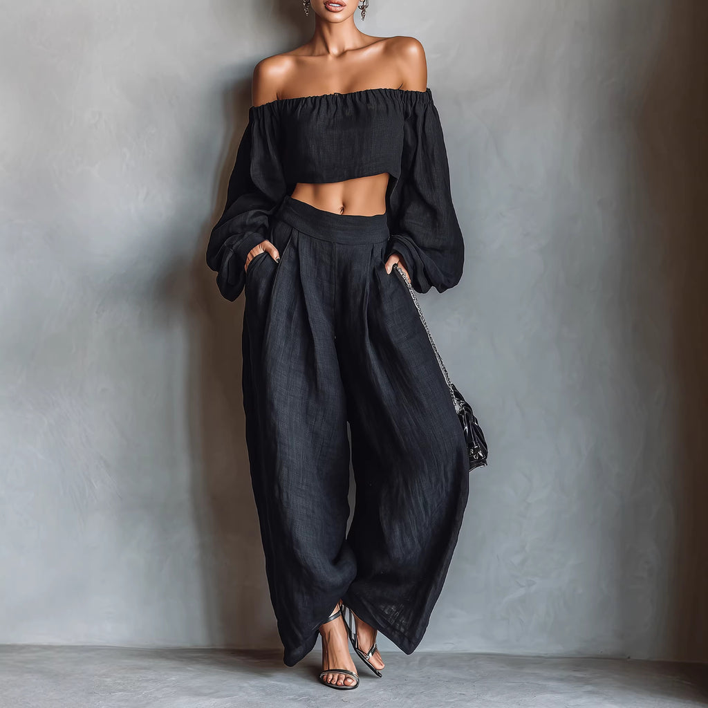 Women Spring Clothing off Shoulder Short Top Wide Leg Pants Set