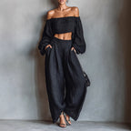 Women Spring Clothing off Shoulder Short Top Wide Leg Pants Set