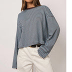 Women Clothing Autumn Striped Knitted Long Sleeve T Shirt