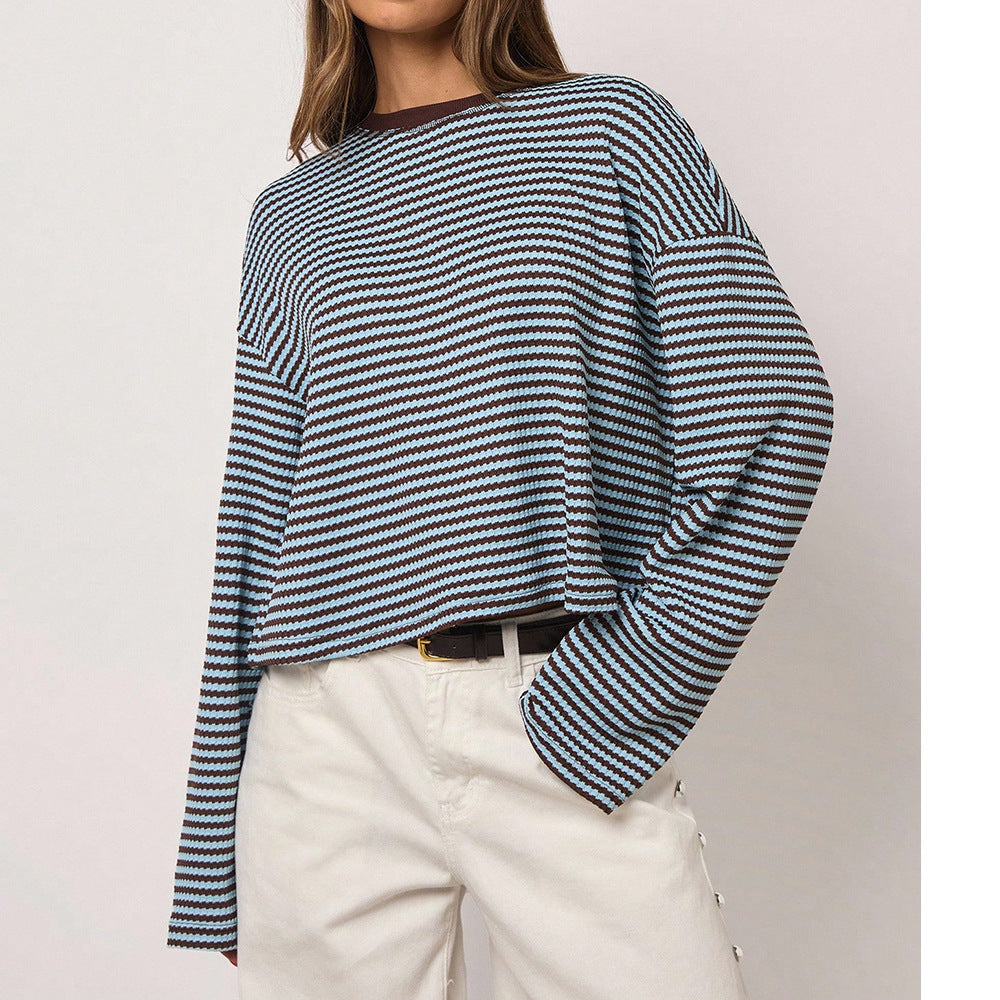 Women Clothing Autumn Striped Knitted Long Sleeve T Shirt