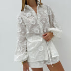 Embroidered Shirt & High-Waist Shorts Set