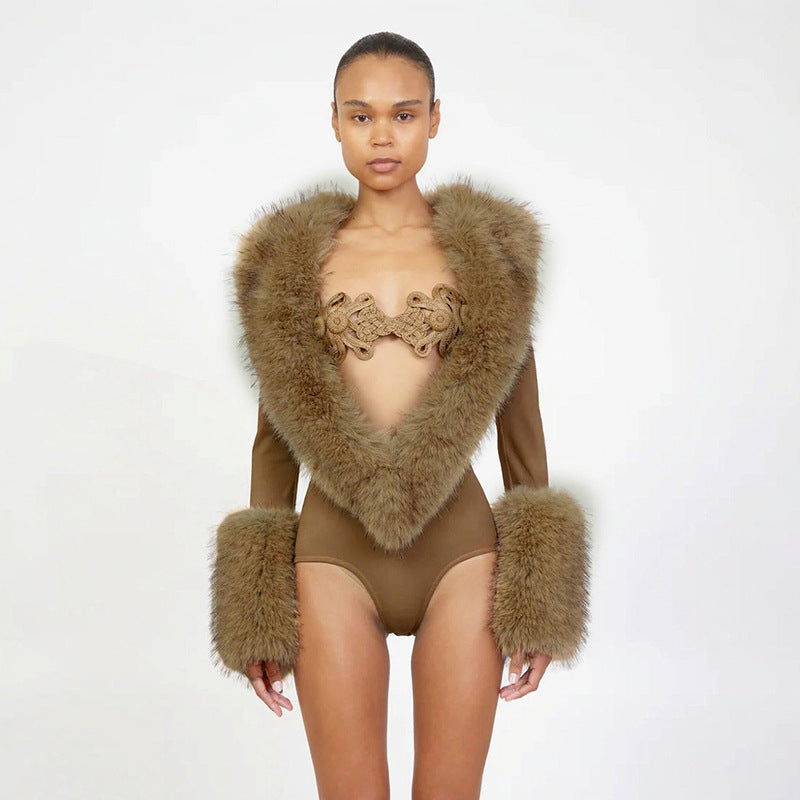 Solid Color Casual Deep V Plunge Neck Stitching Furry Long Sleeve Slim Fit