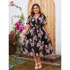 Plus Size V-Neck Summer Floating Sleeve Tight Waist Floral Dress