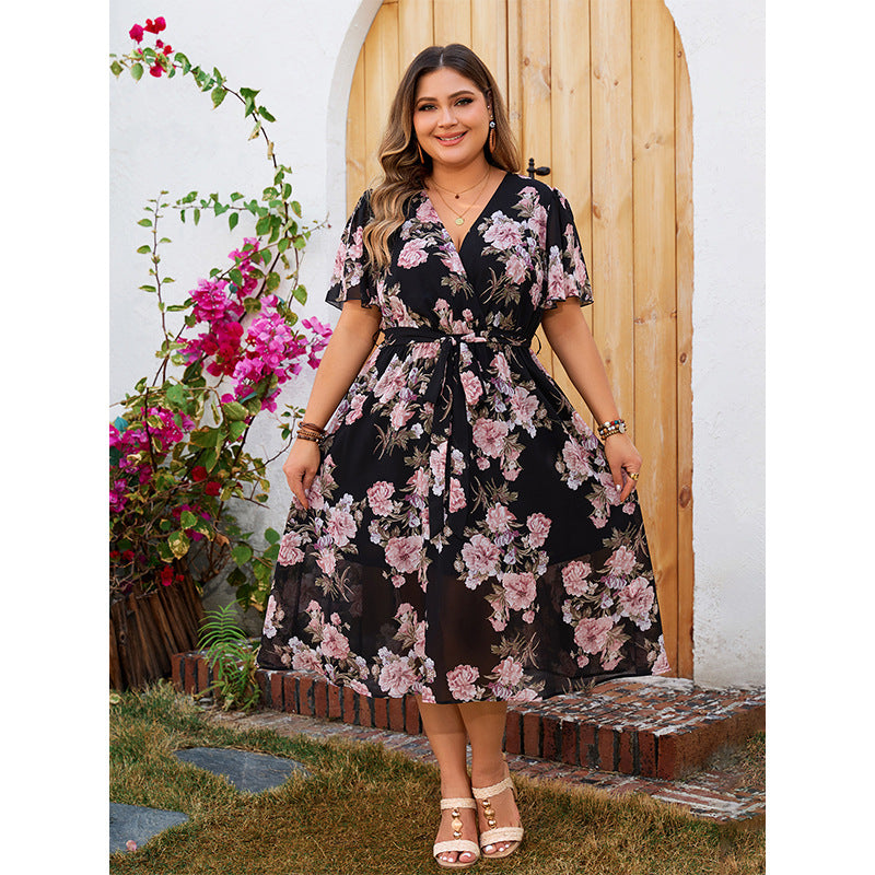 Plus Size V-Neck Summer Floating Sleeve Tight Waist Floral Dress