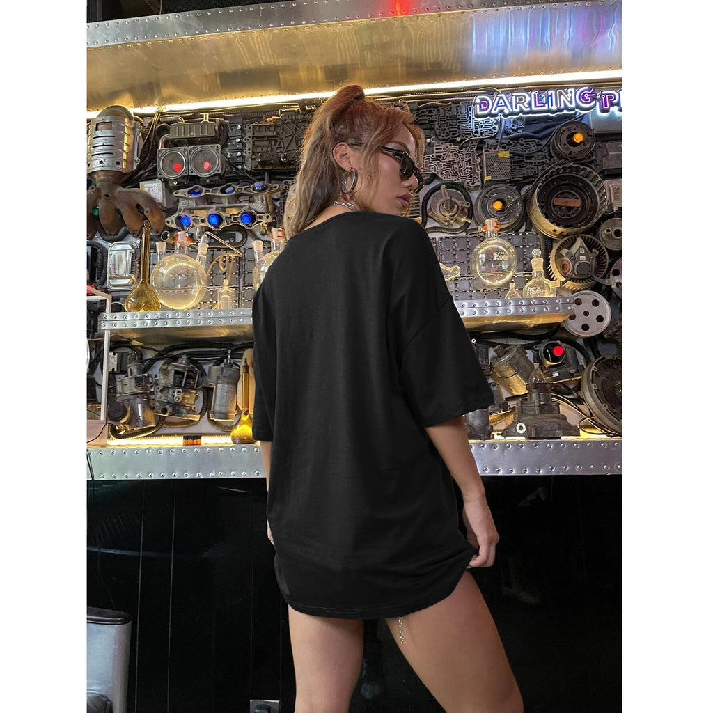 Women's Casual Black T Shirt Simple Round Neck Short Sleeve Top Loose Printed Women