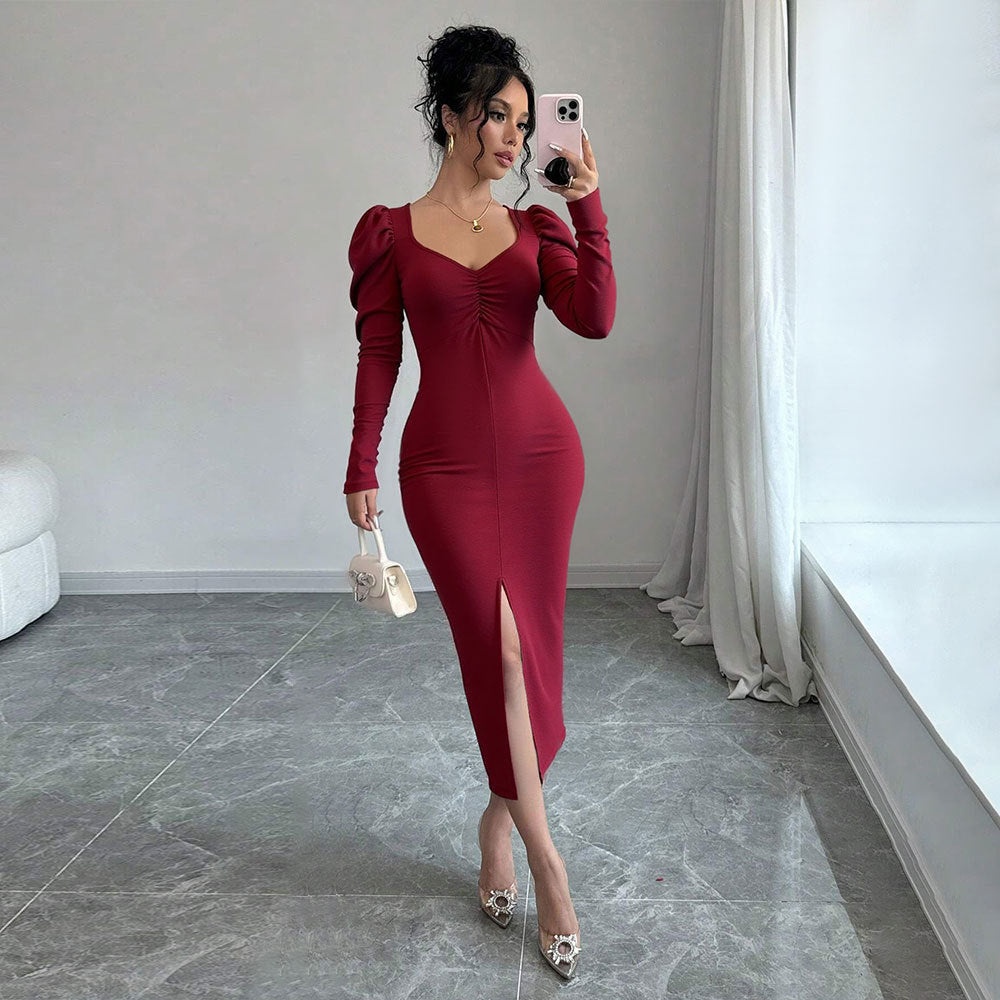 Women's V-Neck Ruched Split Long-Sleeve Bodycon Midi Dress