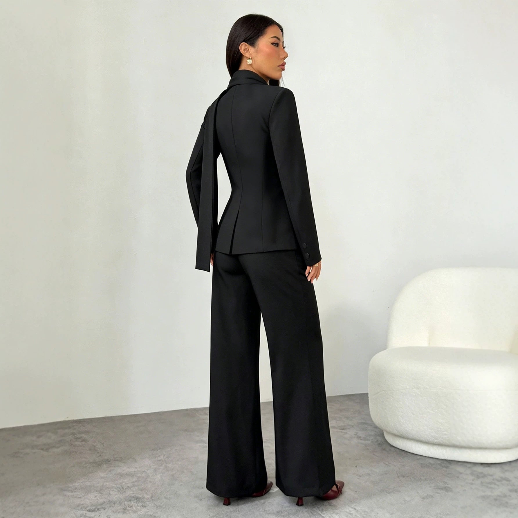 Women Clothing Black Ribbon Waist Tight Blazer Women V neck Single Breasted Office Slimming