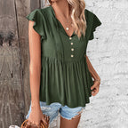 Summer Women Solid Color Flying Sleeve Shirt